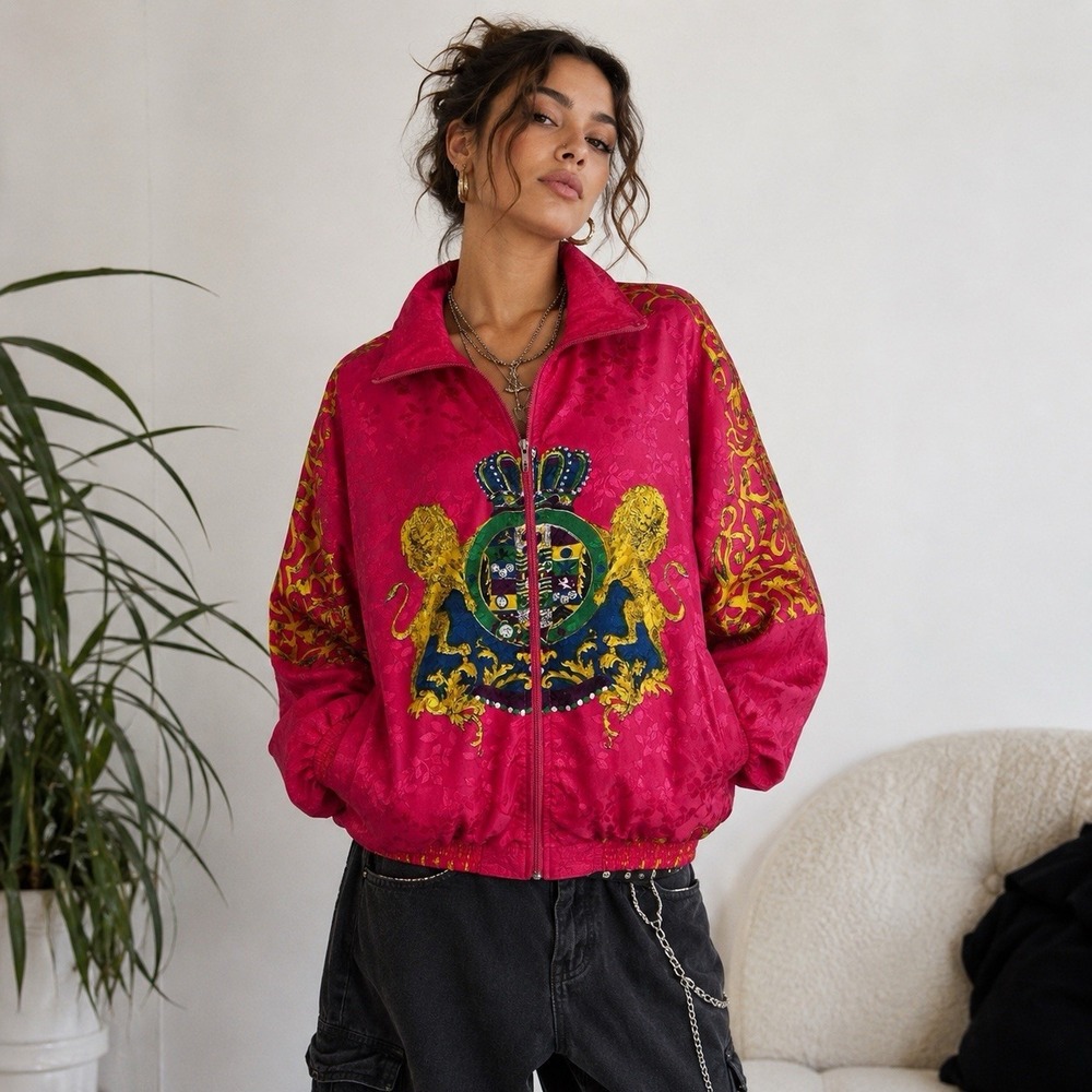Vtg 90s Women Colorblock Windbreaker Jacket M Pink Lion Crest Baroque Festival
